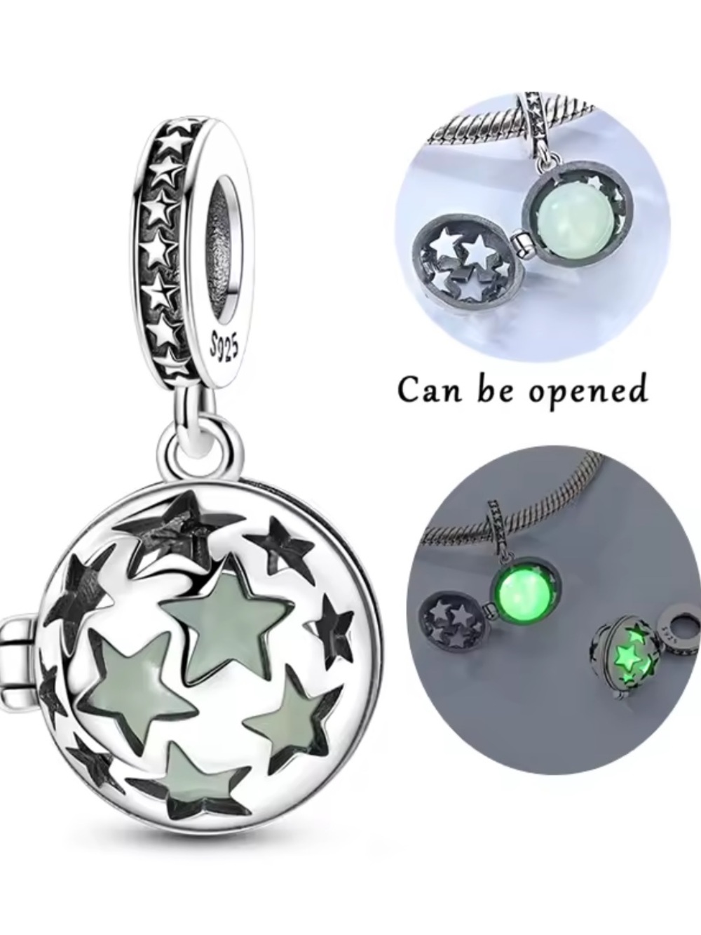 Pandora Sterling Silver Star Locket Pendant with Green Glow